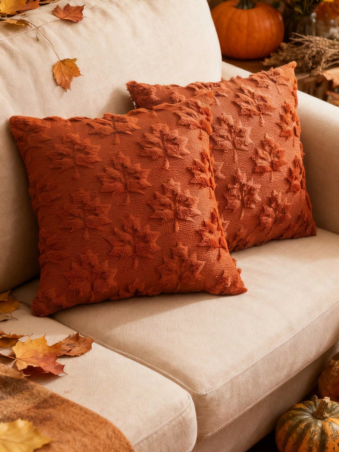 1pc/2pcs Maple Wood Cushion, 18 X 18 Inches, Orange, Farm Theme, Decorative, Autumn Harvest Theme, Holiday Atmosphere, Faux Fur, Suitable For Sofa, Bed Or Room