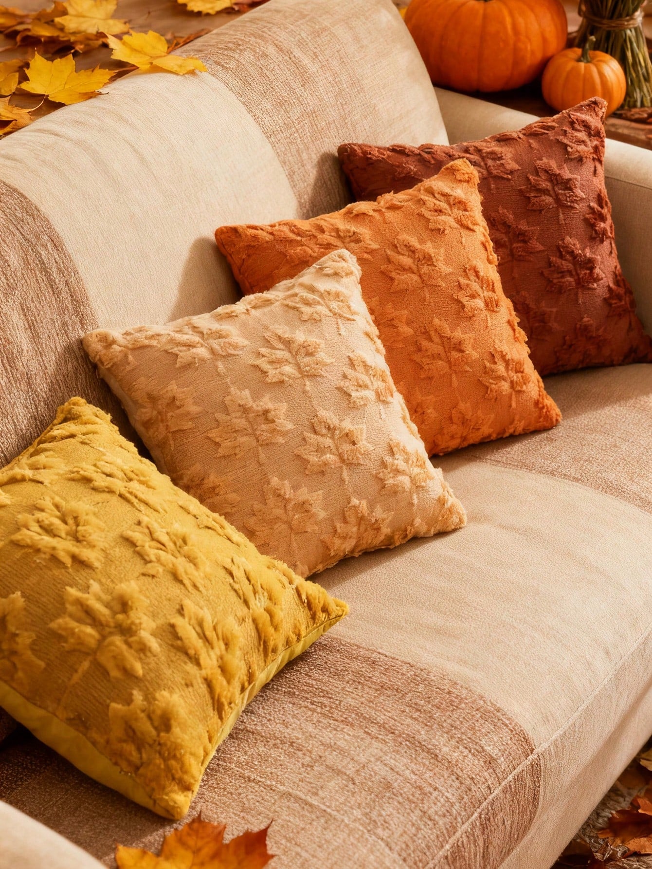 1pc/2pcs Maple Wood Cushion, 18 X 18 Inches, Orange, Farm Theme, Decorative, Autumn Harvest Theme, Holiday Atmosphere, Faux Fur, Suitable For Sofa, Bed Or Room