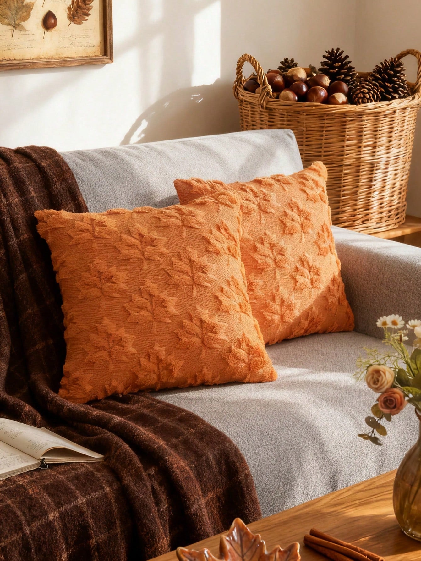 1pc/2pcs Maple Wood Cushion, 18 X 18 Inches, Orange, Farm Theme, Decorative, Autumn Harvest Theme, Holiday Atmosphere, Faux Fur, Suitable For Sofa, Bed Or Room
