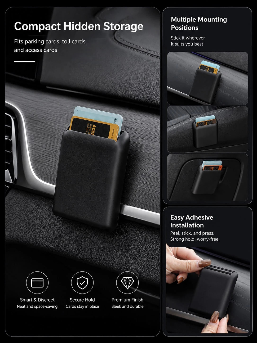 1pc/2pcs Optional Black Car Adhesive Card Storage Box, Car Parking Card/Highway Toll Card/Access Card Hidden Storage Box, Self-Adhesive No-Drill Small Item Organizer Bag, Can Be Attached To Center Con