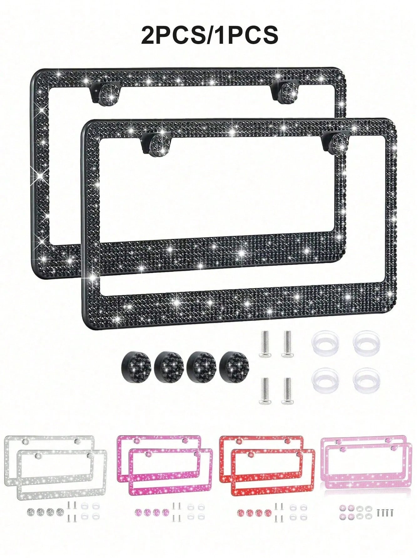 1pc/2pcs Set License Plate Frame- Durable Shiny License Plate Frame, Women's Style, Stainless Steel Material, Unobstructed Frame, Inlaid With Multi-Faceted Cut Rhinestones, Sparkling Rhinestone Diamo