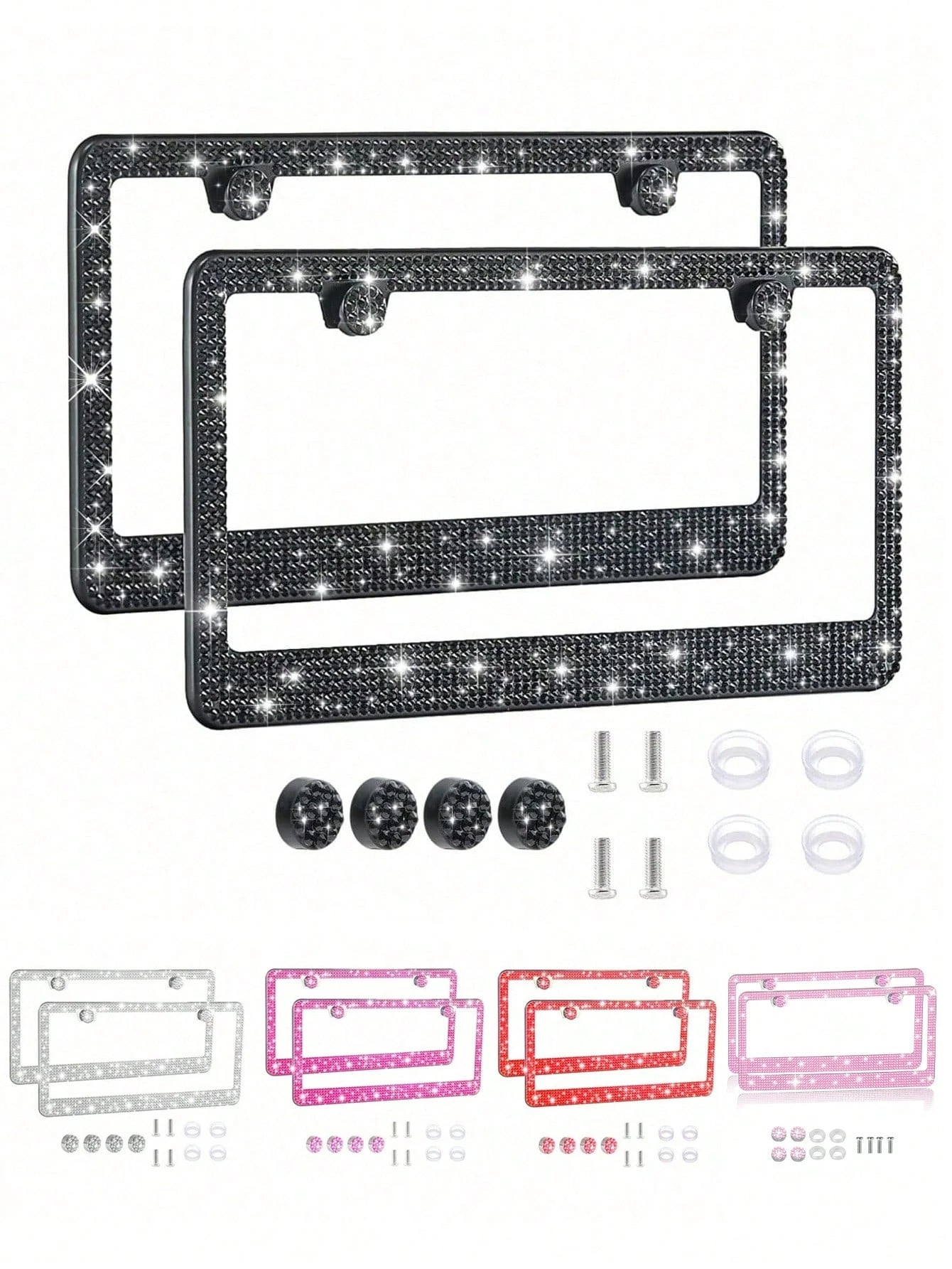 1pc/2pcs Set License Plate Frame- Durable Shiny License Plate Frame, Women's Style, Stainless Steel Material, Unobstructed Frame, Inlaid With Multi-Faceted Cut Rhinestones, Sparkling Rhinestone Diamo