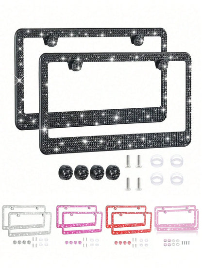 1pc/2pcs Set License Plate Frame- Durable Shiny License Plate Frame, Women's Style, Stainless Steel Material, Unobstructed Frame, Inlaid With Multi-Faceted Cut Rhinestones, Sparkling Rhinestone Diamo