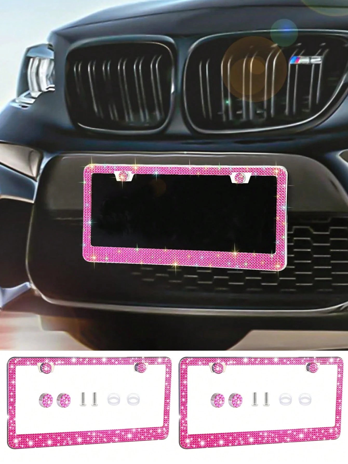 1pc/2pcs Set License Plate Frame- Durable Shiny License Plate Frame, Women's Style, Stainless Steel Material, Unobstructed Frame, Inlaid With Multi-Faceted Cut Rhinestones, Sparkling Rhinestone Diamo