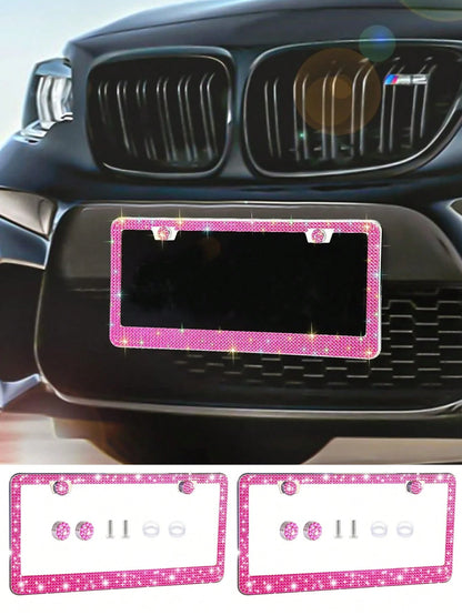 1pc/2pcs Set License Plate Frame- Durable Shiny License Plate Frame, Women's Style, Stainless Steel Material, Unobstructed Frame, Inlaid With Multi-Faceted Cut Rhinestones, Sparkling Rhinestone Diamo