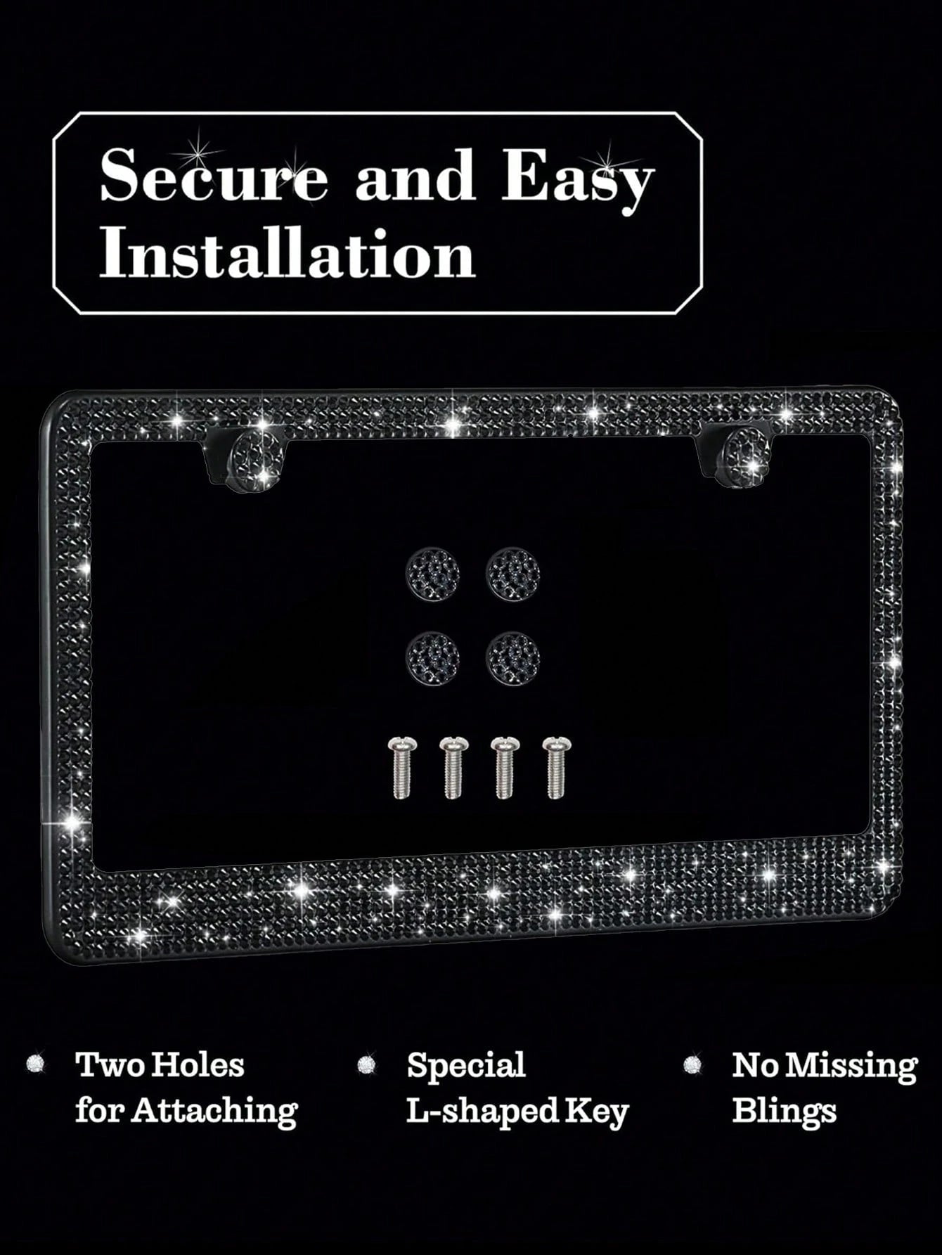 1pc/2pcs Set License Plate Frame- Durable Shiny License Plate Frame, Women's Style, Stainless Steel Material, Unobstructed Frame, Inlaid With Multi-Faceted Cut Rhinestones, Sparkling Rhinestone Diamo