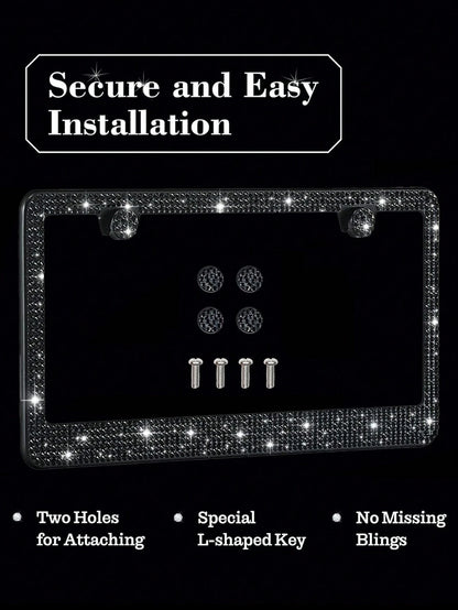 1pc/2pcs Set License Plate Frame- Durable Shiny License Plate Frame, Women's Style, Stainless Steel Material, Unobstructed Frame, Inlaid With Multi-Faceted Cut Rhinestones, Sparkling Rhinestone Diamo