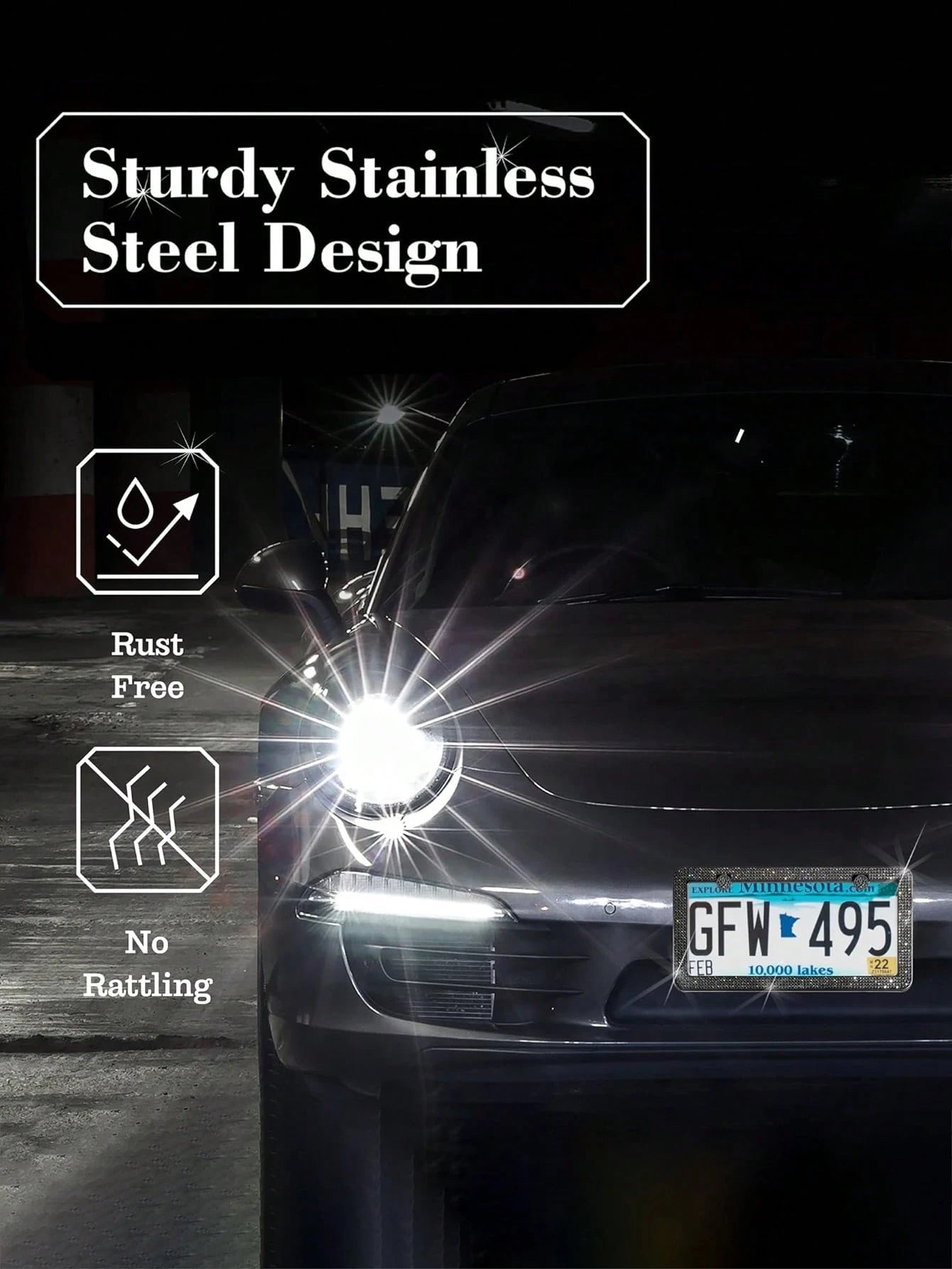 1pc/2pcs Set License Plate Frame- Durable Shiny License Plate Frame, Women's Style, Stainless Steel Material, Unobstructed Frame, Inlaid With Multi-Faceted Cut Rhinestones, Sparkling Rhinestone Diamo
