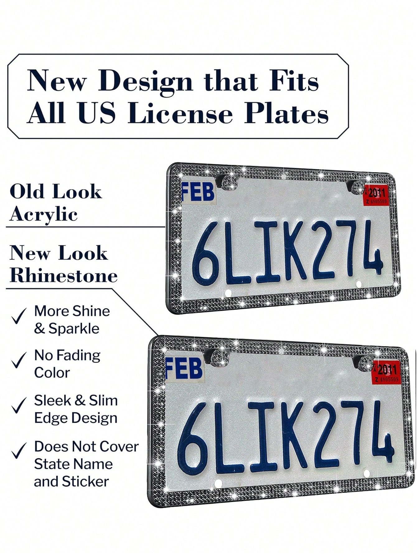 1pc/2pcs Set License Plate Frame- Durable Shiny License Plate Frame, Women's Style, Stainless Steel Material, Unobstructed Frame, Inlaid With Multi-Faceted Cut Rhinestones, Sparkling Rhinestone Diamo