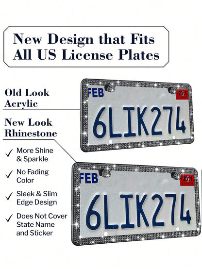 1pc/2pcs Set License Plate Frame- Durable Shiny License Plate Frame, Women's Style, Stainless Steel Material, Unobstructed Frame, Inlaid With Multi-Faceted Cut Rhinestones, Sparkling Rhinestone Diamo