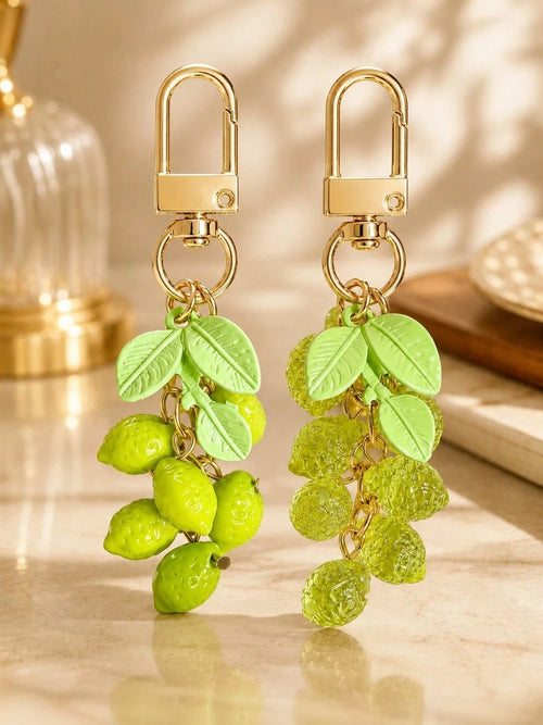 1pc/2pcs Unisex Fresh Lemon Acrylic Beaded Pendant Alloy Painted Leaf Charm Keychain Summer Fresh Bag Pendant