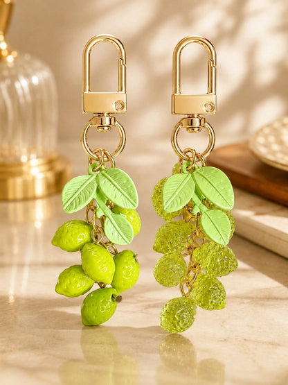 1pc/2pcs Unisex Fresh Lemon Acrylic Beaded Pendant Alloy Painted Leaf Charm Keychain Summer Fresh Bag Pendant