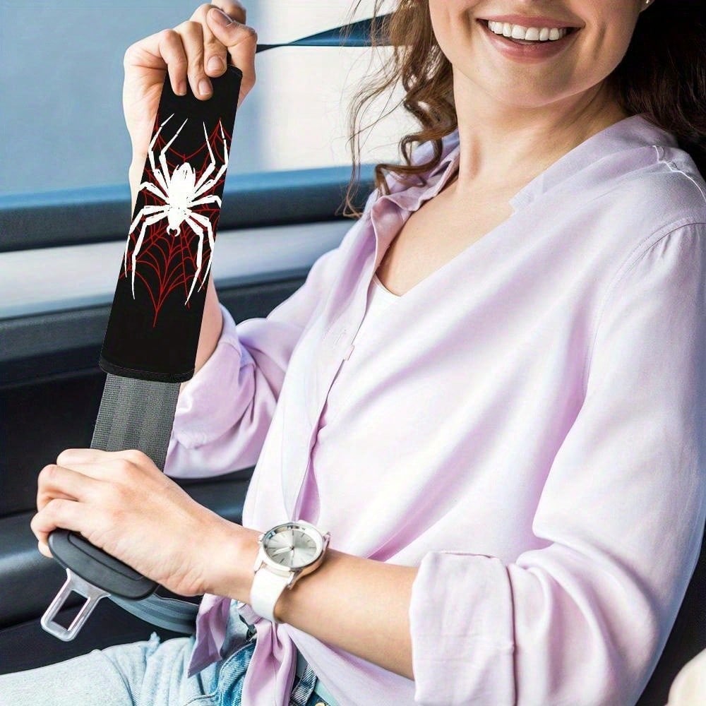 1pc/2pcs, 2D Printed Car Seatbelt Cover- Red And White Spider Pattern Soft Shoulder Protector, Suitable For Car Accessory Decoration, 2D Flat Design,Car Acessesories,Car Acessesories Interior,Car Ess