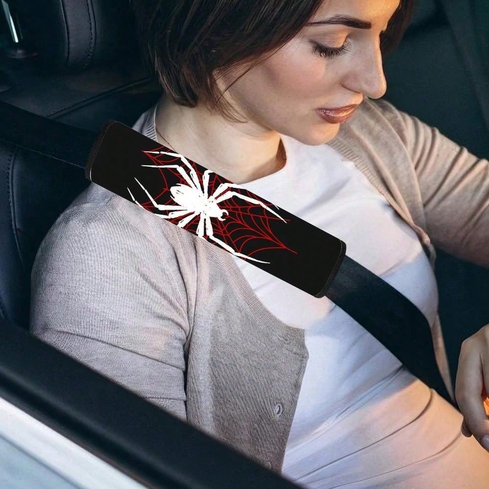 1pc/2pcs, 2D Printed Car Seatbelt Cover- Red And White Spider Pattern Soft Shoulder Protector, Suitable For Car Accessory Decoration, 2D Flat Design,Car Acessesories,Car Acessesories Interior,Car Ess
