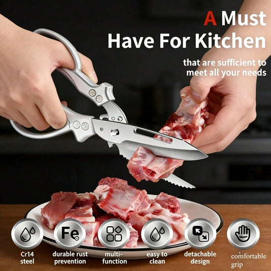 1PC 3CR Stainless Steel Cooking Scissors, Automatic Strong Chicken Bone Scissors, Smooth And Labor-Saving Handle, Essential Tools For Home Kitchens, Multi-Functional Planable Fruits And Vegetables, Se