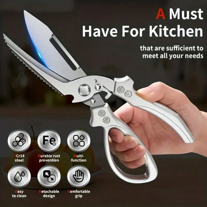 1PC 3CR Stainless Steel Cooking Scissors, Automatic Strong Chicken Bone Scissors, Smooth And Labor-Saving Handle, Essential Tools For Home Kitchens, Multi-Functional Planable Fruits And Vegetables, Se