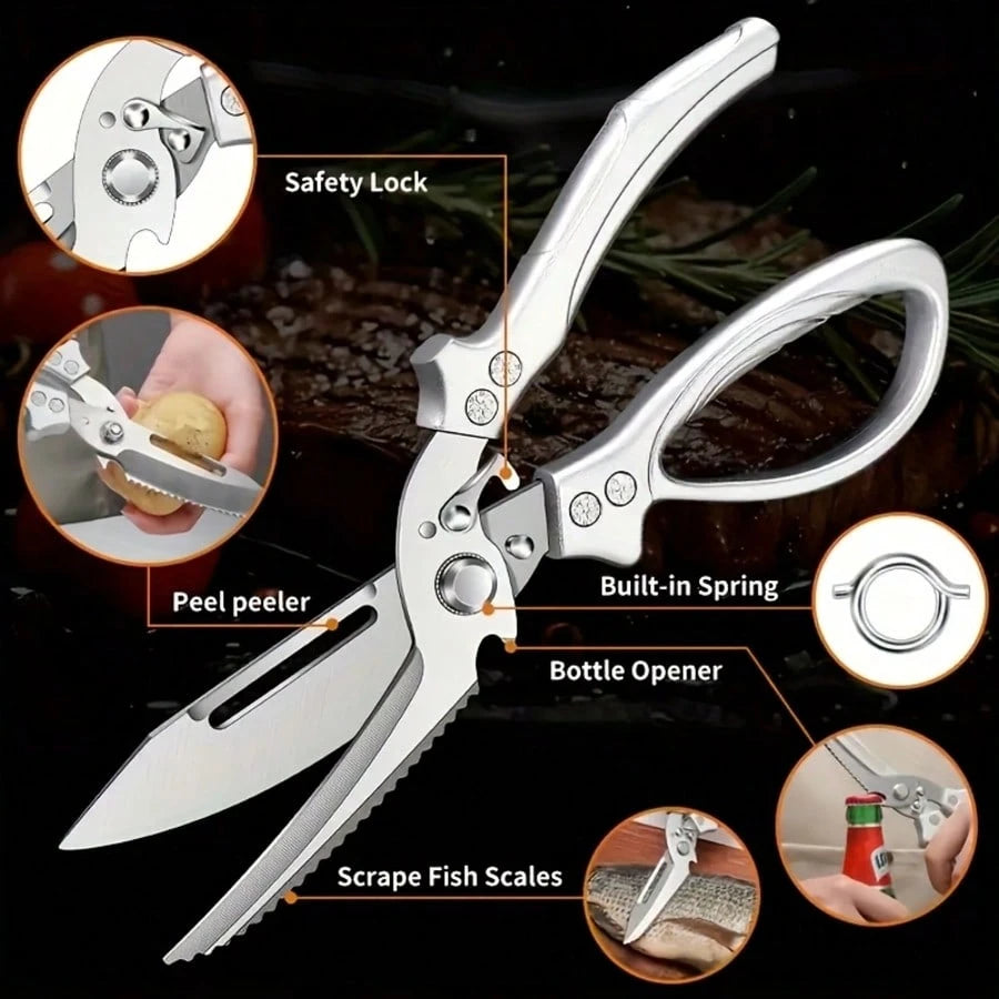 1PC 3CR Stainless Steel Cooking Scissors, Automatic Strong Chicken Bone Scissors, Smooth And Labor-Saving Handle, Essential Tools For Home Kitchens, Multi-Functional Planable Fruits And Vegetables, Se