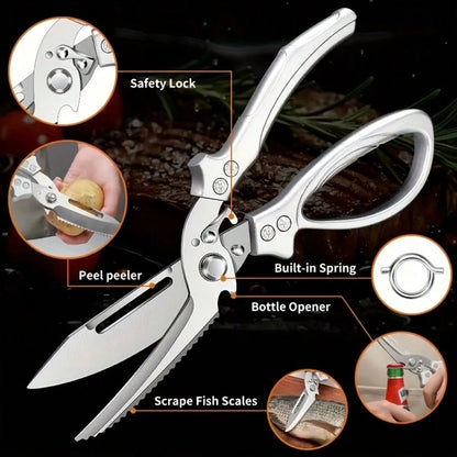 1PC 3CR Stainless Steel Cooking Scissors, Automatic Strong Chicken Bone Scissors, Smooth And Labor-Saving Handle, Essential Tools For Home Kitchens, Multi-Functional Planable Fruits And Vegetables, Se