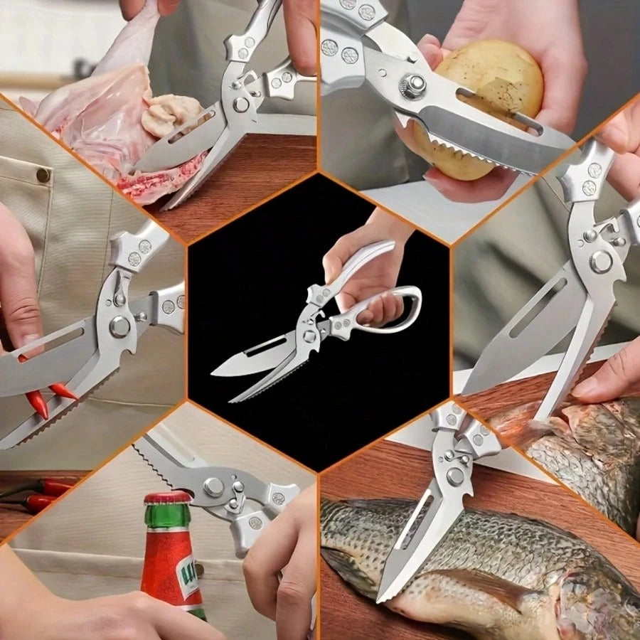 1PC 3CR Stainless Steel Cooking Scissors, Automatic Strong Chicken Bone Scissors, Smooth And Labor-Saving Handle, Essential Tools For Home Kitchens, Multi-Functional Planable Fruits And Vegetables, Se