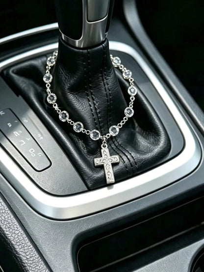 1pc Alloy Cross Crystal Chain Car Steering Wheel Decor Gear Shift Decor Car Hanging Decoration Accessory