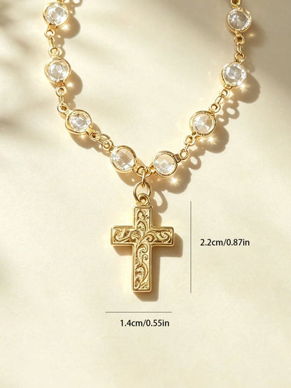 1pc Alloy Cross Crystal Chain Car Steering Wheel Decor Gear Shift Decor Car Hanging Decoration Accessory