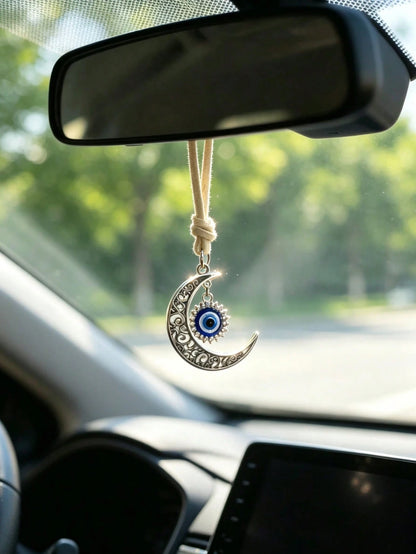 1pc Alloy Hollow Moon Evil Eye Car Rearview Mirror Hanging Decoration, Car Interior Accessory