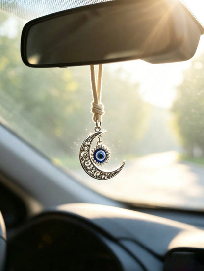 1pc Alloy Hollow Moon Evil Eye Car Rearview Mirror Hanging Decoration, Car Interior Accessory
