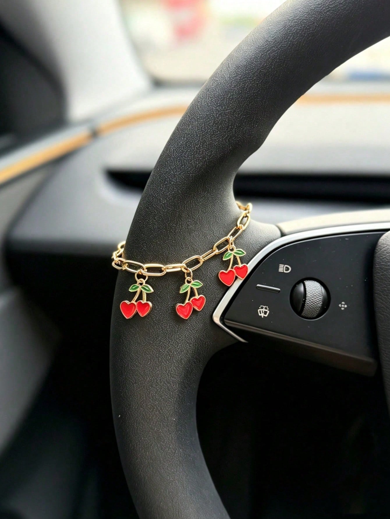 1pc Alloy Small Red Cherry Car Steering Wheel Decorative Chain Gear Shift Chain Car Interior Hanging Decoration Accessory