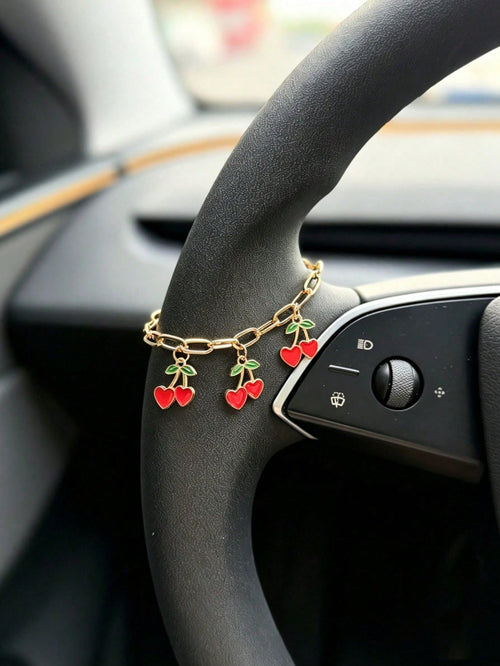 1pc Alloy Small Red Cherry Car Steering Wheel Decorative Chain Gear Shift Chain Car Interior Hanging Decoration Accessory