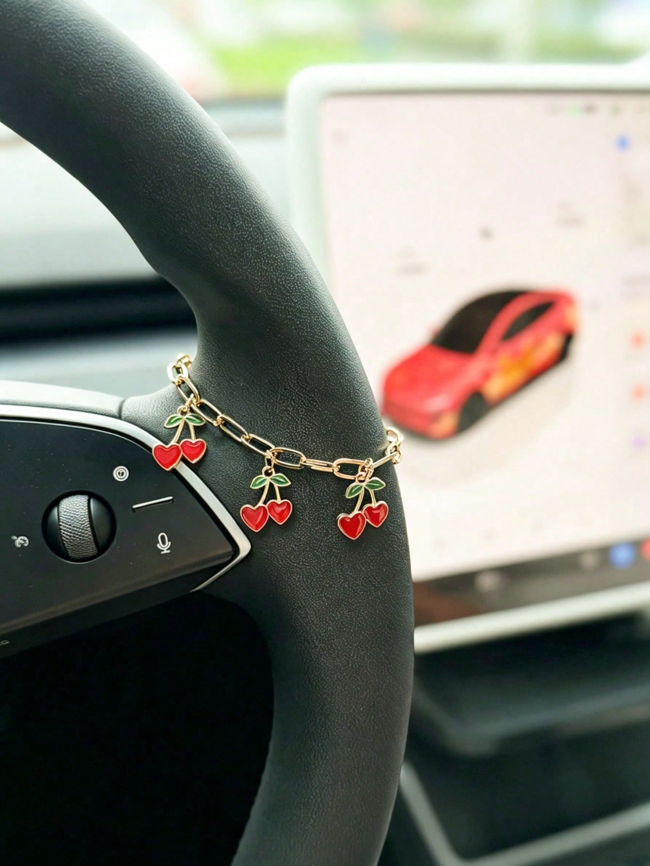 1pc Alloy Small Red Cherry Car Steering Wheel Decorative Chain Gear Shift Chain Car Interior Hanging Decoration Accessory