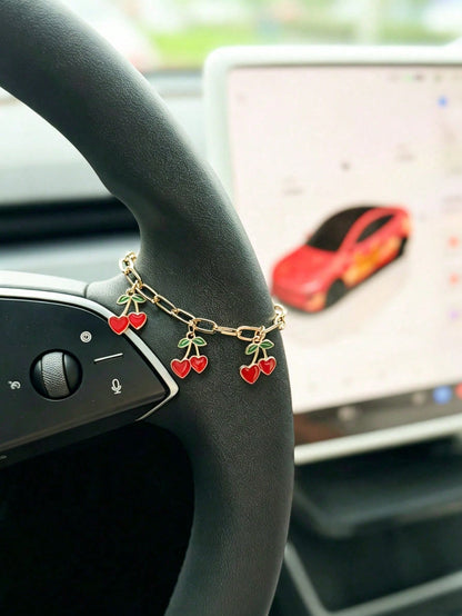 1pc Alloy Small Red Cherry Car Steering Wheel Decorative Chain Gear Shift Chain Car Interior Hanging Decoration Accessory