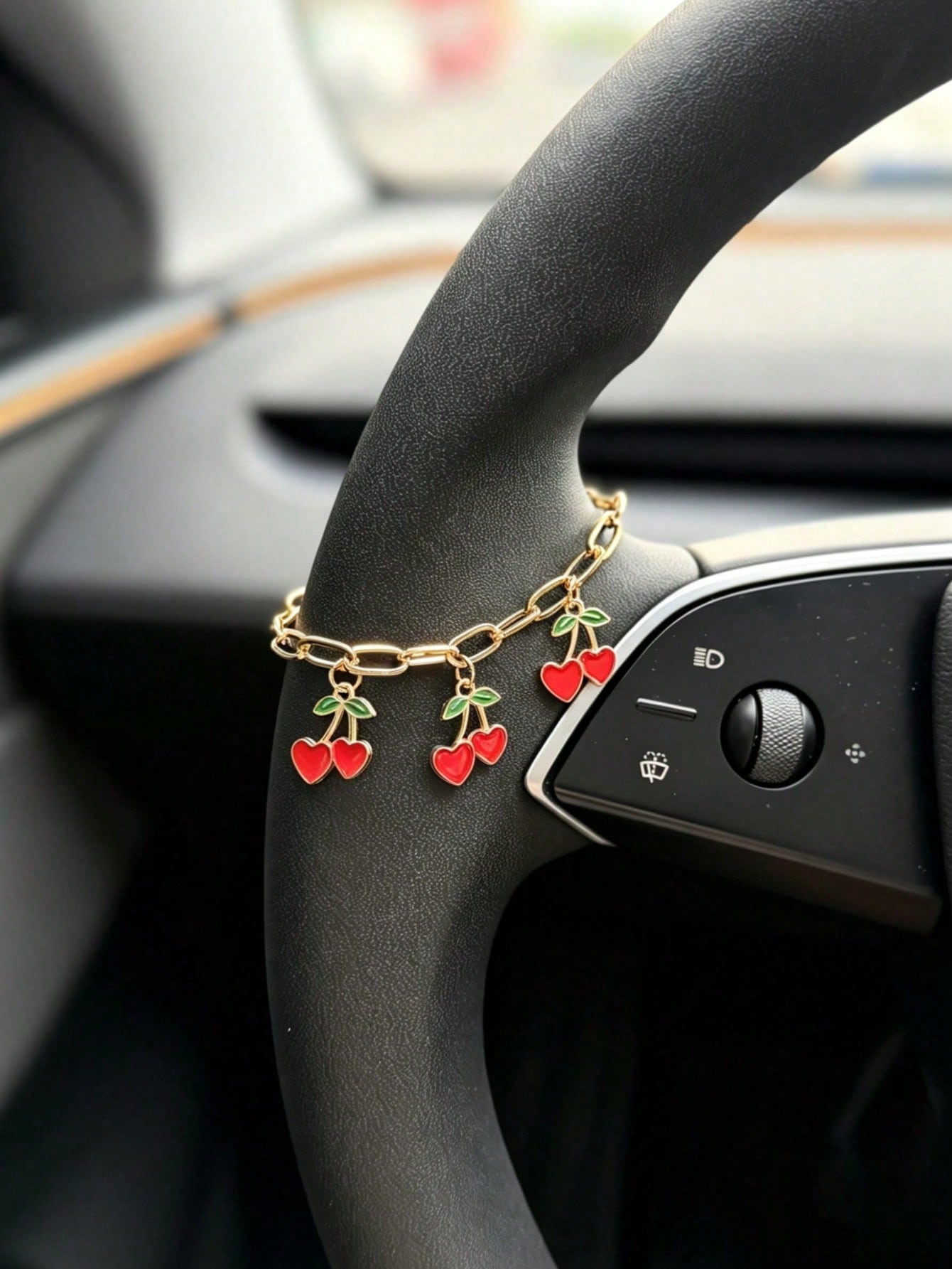 1pc Alloy Small Red Cherry Car Steering Wheel Decorative Chain Gear Shift Chain Car Interior Hanging Decoration Accessory