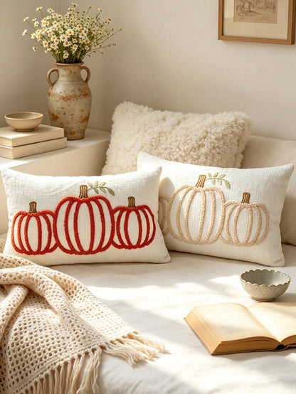 1pc Autumn Limited Pumpkin Embroidery Lumbar Pillow Cover, 2 Colors Available, Sofa Atmosphere Cushion Case, Bedroom Bedside Healing Pillowcase, 11.81*19.68 Inches (30*50 Cm), Pillow Insert Not Includ