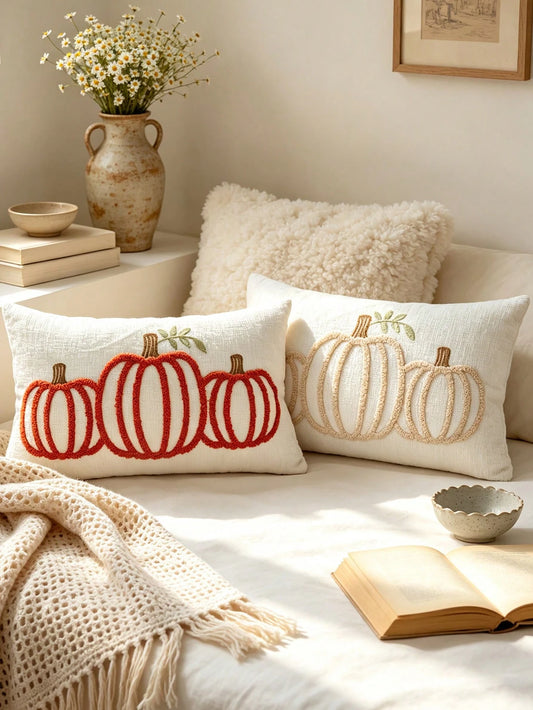 1pc Autumn Limited Pumpkin Embroidery Lumbar Pillow Cover, 2 Colors Available, Sofa Atmosphere Cushion Case, Bedroom Bedside Healing Pillowcase, 11.81*19.68 Inches (30*50 Cm), Pillow Insert Not Includ