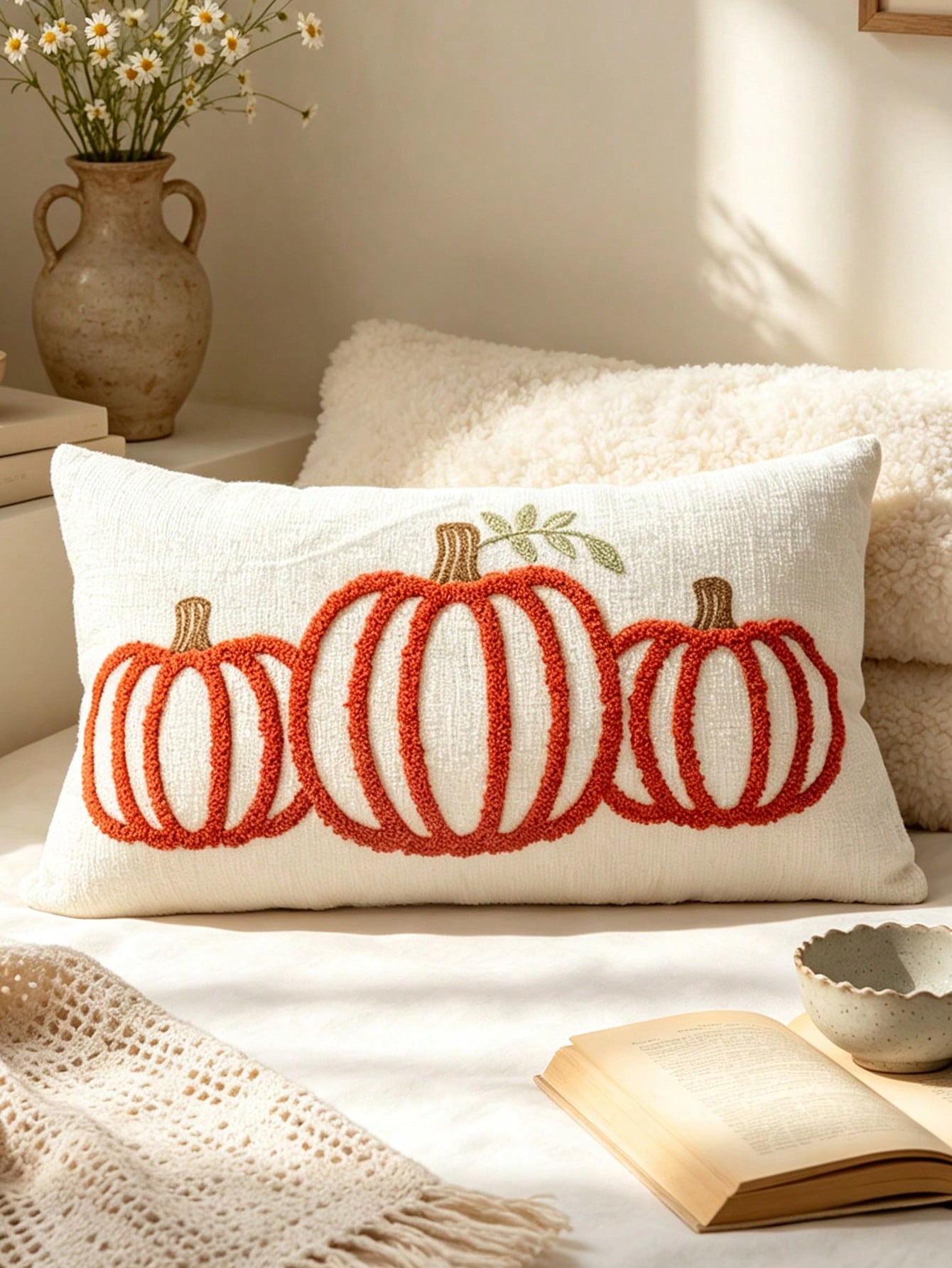 1pc Autumn Limited Pumpkin Embroidery Lumbar Pillow Cover, 2 Colors Available, Sofa Atmosphere Cushion Case, Bedroom Bedside Healing Pillowcase, 11.81*19.68 Inches (30*50 Cm), Pillow Insert Not Includ