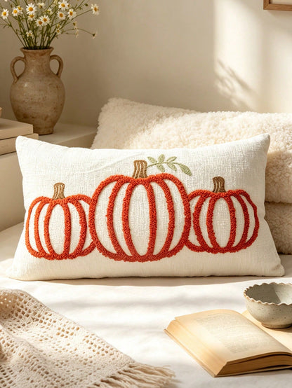 1pc Autumn Limited Pumpkin Embroidery Lumbar Pillow Cover, 2 Colors Available, Sofa Atmosphere Cushion Case, Bedroom Bedside Healing Pillowcase, 11.81*19.68 Inches (30*50 Cm), Pillow Insert Not Includ