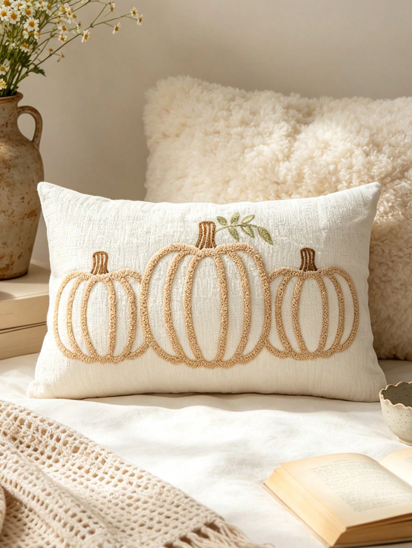 1pc Autumn Limited Pumpkin Embroidery Lumbar Pillow Cover, 2 Colors Available, Sofa Atmosphere Cushion Case, Bedroom Bedside Healing Pillowcase, 11.81*19.68 Inches (30*50 Cm), Pillow Insert Not Includ