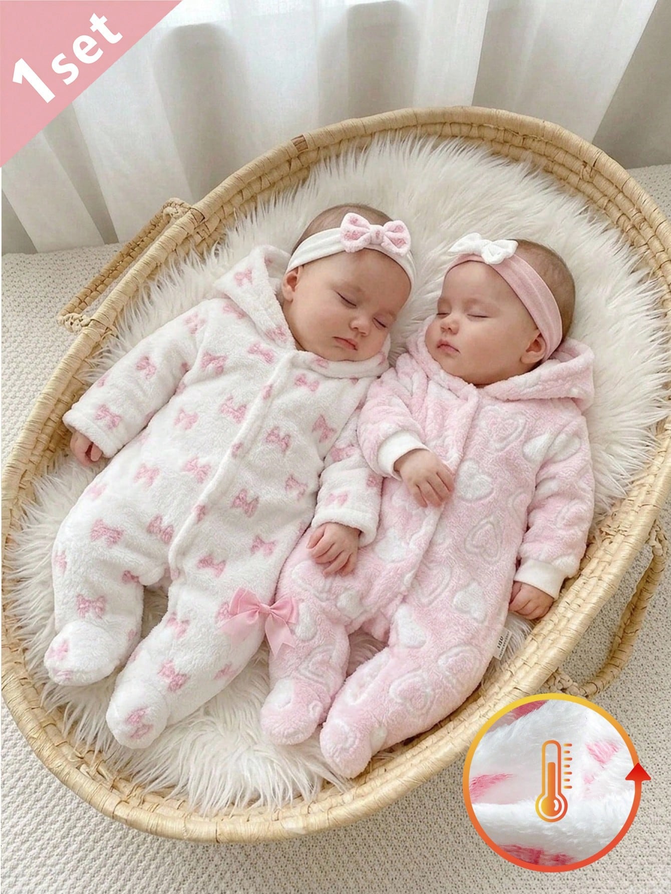 1pc Autumn/Winter Plush Baby Girl Newborn White Double-Brushed Flannel Pink Bow Pattern Hooded Long Sleeve Footed Jumpsuit Loungewear