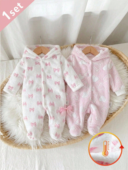 1pc Autumn/Winter Plush Baby Girl Newborn White Double-Brushed Flannel Pink Bow Pattern Hooded Long Sleeve Footed Jumpsuit Loungewear