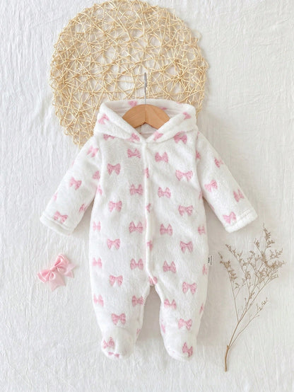 1pc Autumn/Winter Plush Baby Girl Newborn White Double-Brushed Flannel Pink Bow Pattern Hooded Long Sleeve Footed Jumpsuit Loungewear