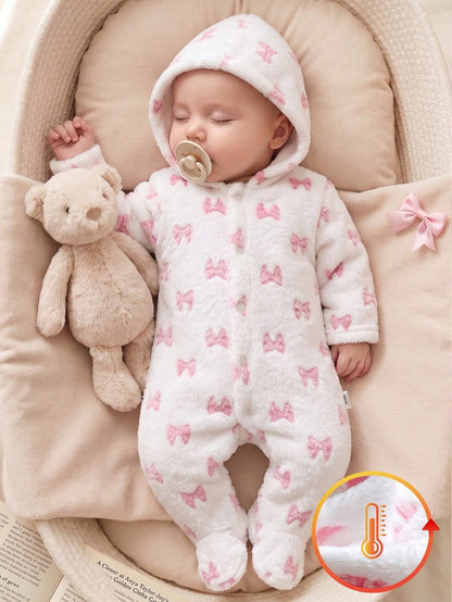 1pc Autumn/Winter Plush Baby Girl Newborn White Double-Brushed Flannel Pink Bow Pattern Hooded Long Sleeve Footed Jumpsuit Loungewear