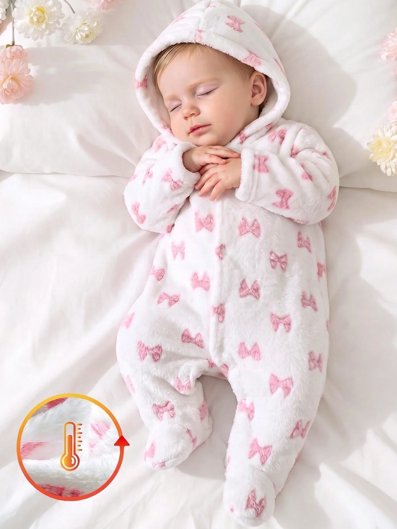 1pc Autumn/Winter Plush Baby Girl Newborn White Double-Brushed Flannel Pink Bow Pattern Hooded Long Sleeve Footed Jumpsuit Loungewear