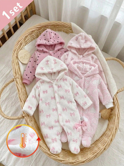 1pc Autumn/Winter Plush Baby Girl Newborn White Double-Brushed Flannel Pink Bow Pattern Hooded Long Sleeve Footed Jumpsuit Loungewear