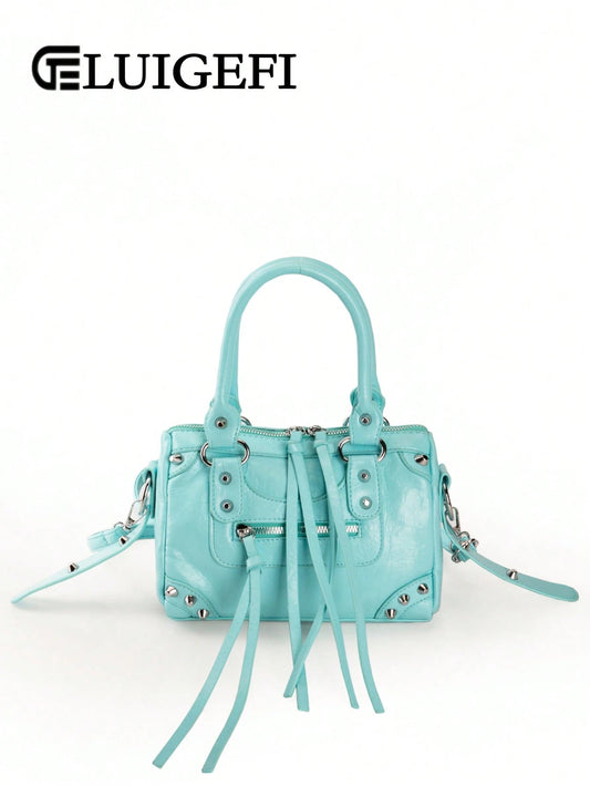 1pc Baby Blue Patchwork Rivet Inlaid Metal Tassel Zipper Decor Vintage PU Strap Fashion Sweet Cool Motorcycle Style Y2K Punk Women's Square Handbag, Streetwear
