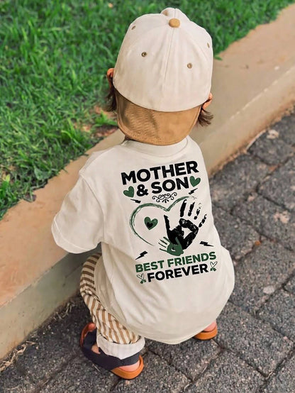 1pc Baby Boys MOTHER&SON Themed Handprint Heart Print Short Sleeve T-Shirt, Soft, Breathable, Casual, Versatile Children's Top