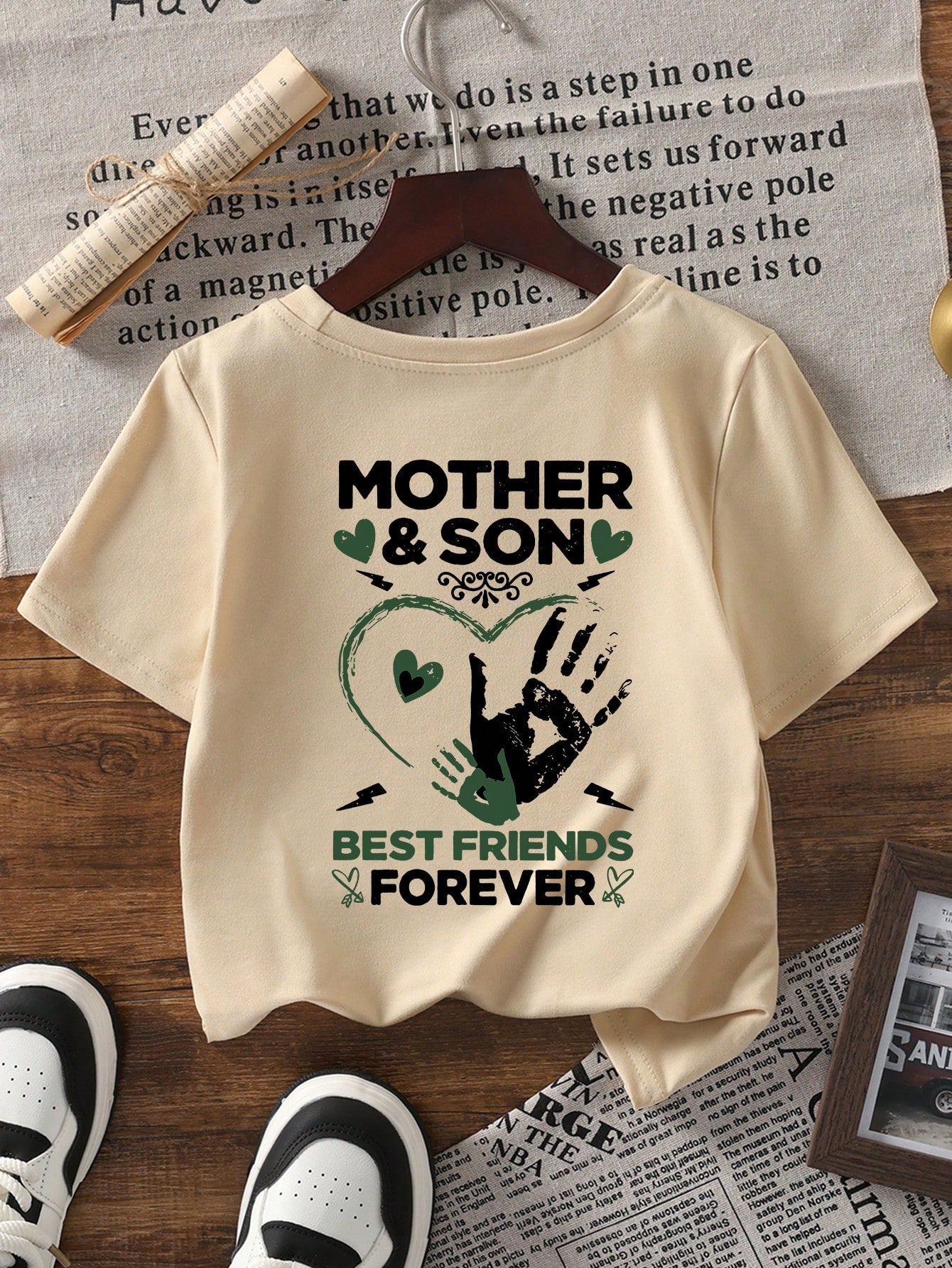 1pc Baby Boys MOTHER&SON Themed Handprint Heart Print Short Sleeve T-Shirt, Soft, Breathable, Casual, Versatile Children's Top