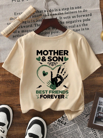 1pc Baby Boys MOTHER&SON Themed Handprint Heart Print Short Sleeve T-Shirt, Soft, Breathable, Casual, Versatile Children's Top