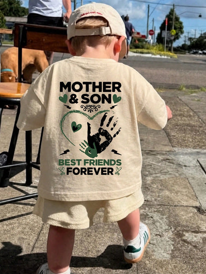 1pc Baby Boys MOTHER&SON Themed Handprint Heart Print Short Sleeve T-Shirt, Soft, Breathable, Casual, Versatile Children's Top