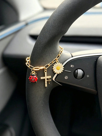 1pc Bee Ladybug Daisy Cross Car Steering Wheel Decoration, Car Hanging Ornament