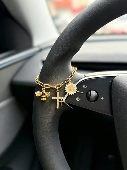 1pc Bee Ladybug Daisy Cross Car Steering Wheel Decoration, Car Hanging Ornament